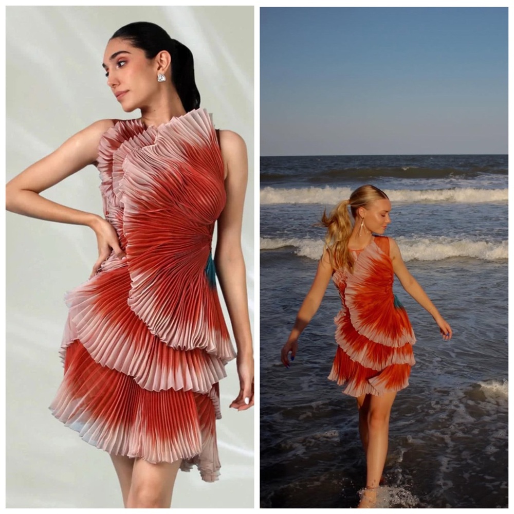Anthropologie Geisha Designs 3D Floral Asymmetrical Dress Orange XS